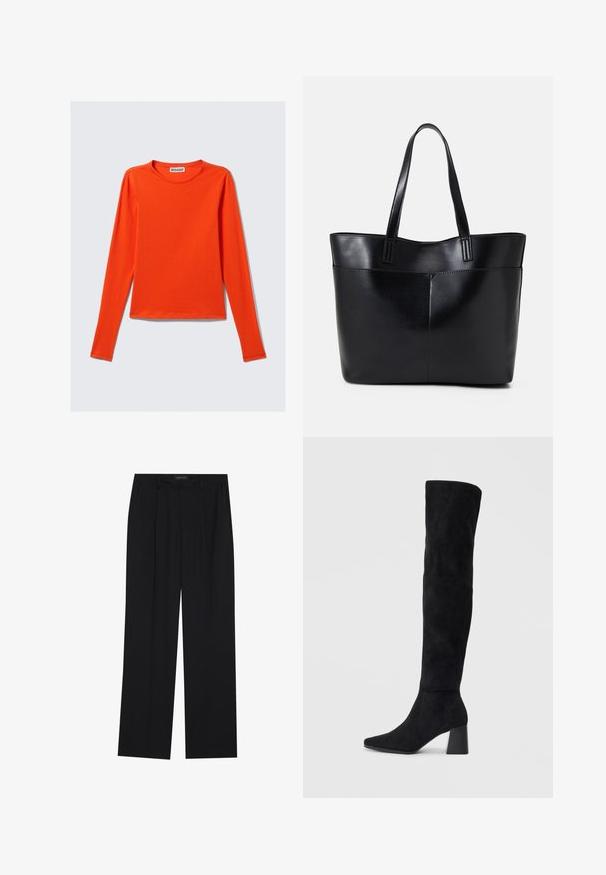Langermet, rundhalset skjorte i skarp oransje. Laget av glatt stoff med en tettsittende silhuett og rett kant. Ingen synlige mønstre eller detaljer.; Sorte bukser med rette ben, som har to frontlommer og en talje. Laget av et glatt, lett stoff.; Sorte semskede knelang støvel med blokk-heelsk, spiss tå og glatt, sømløst design på en ensfarget lys bakgrunn.; Svart lær toteveske med to lange håndtak, en glatt tekstur og en strukturert form. Har en frontlomme for ekstra oppbevaring.