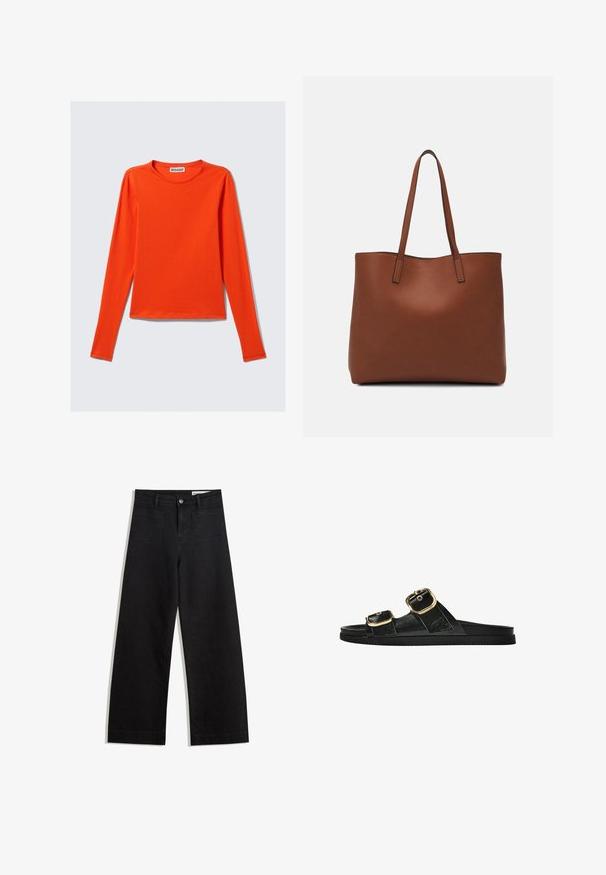 Langsleeve, ronde hals T-shirt in fel oranje. Gemaakt van gladde stof met een aansluitende pasvorm en rechte zoom. Geen zichtbare patronen of accenten.; Zwarte denim broek met wijde pijpen en een hoge taille, voorzien van voor- en achterzakken, gestikte naden en een knoopsluiting. Gladde textuur.; Zwarte slipper met twee gouden gesps, gladde textuur, platte zool en een minimalistisch ontwerp.; Bruine leren tote bag met een gladde textuur, een ontwerp met een open bovenkant en twee schouderbanden. Kenmerkt zich door minimale stiksels en geen zichtbare hardware.