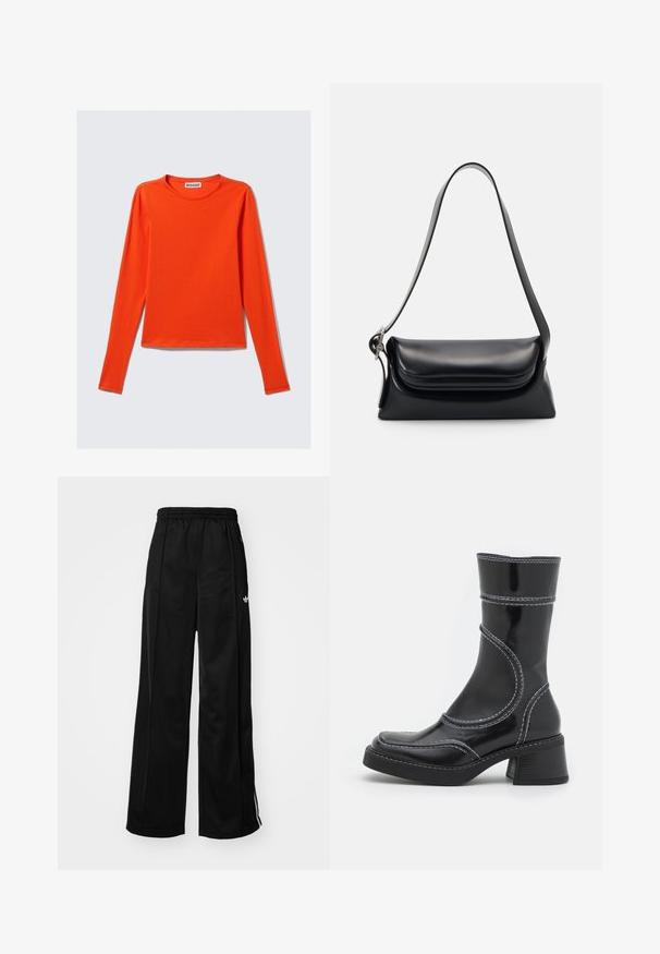 Pikad varrukad, ümmarguse kaelusega särgid erksas oranžis. Valmistatud siledast kangast, millel on figuuri jälgiv siluett ja sirge äär. Pole nähtavaid mustreid ega aktsente.; Mustad laiad spordipüksid elastse vöökohtaga, millel on valged külgtriibud ja väike logo vasakul puusal. Sile kangateksam.; Must must pikkade säärega, musta lakknahast jalats, valgete õmblustega, ümarate varvaste ja plokk-kandadega. Omab kõveraid disainijoontesid ja siledat pindmääret.; Mustriga musta nahast käekott, millel on struktuurne kuju, sile tekstuur ja üks õlarihm. Omab peent, ümarat klappi.