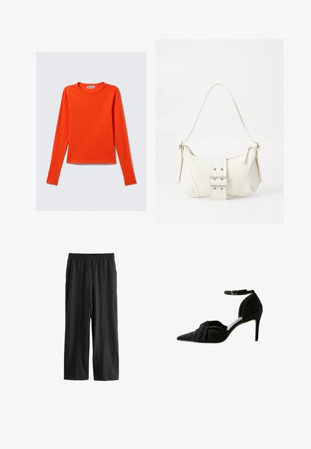 Tricou cu mânecă lungă și guler rotund, de culoare portocalie aprinsă. Fabricat dintr-un material neted, cu o siluetă ajustată și o tivă dreaptă. Fără modele sau accente vizibile.; Pantaloni negri, până la genunchi, dintr-un material ușor. Brâu elastic și textură netedă, cu un design drept. Fără detalii sau modele vizibile.; Pantof cu toc înalt din suede negru, cu vârf ascuțit, detaliu legat în față, bretea la gleznă și toc subțire stiletto.; Geantă albă de umăr cu un finisaj texturat, un accent cu cataramă centrală și o formă curbată. Încărcătoare cu fermoar pe ambele laturi.