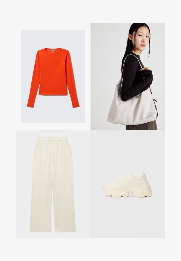 Long-sleeve, crew-neck shirt in bright orange. Made from smooth fabric with a fitted silhouette and straight hem. No visible patterns or accents.; Light ivory wide-leg pants made of soft fabric, featuring an elastic waistband and side pockets. Smooth texture with subtle stitching detail.; Chunky white sneakers made of textured mesh and synthetic materials, featuring a thick sole and intricate pattern details along the sides.; Beige handbag made of soft material, featuring a slouchy design, stitched detailing, and two shoulder straps. Suitable for everyday use.