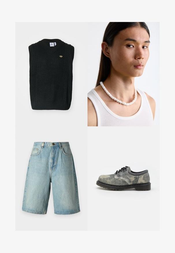 adidas Originals Top - black; Svetlo modri denim šortsi z udobnim krojem, ki imajo sprednje žepke, zapiranje na gumb ter zbledel videz z diskretno whiskering obdelavo.; Čevlji z vezalkami, izdelani iz teksturiranega sivega blaga z črnimi detajli, debelim gumijastim podplatom in belimi šivi. Oblika zaobljenega nosu.; Bela ogrlica iz školjki, sastavljena od nepravilnih oblika, nošena preko pripijenog bijelog topa. S smooth teksturom i suptilnim sjajem, blisko prilagođenog dizajna.