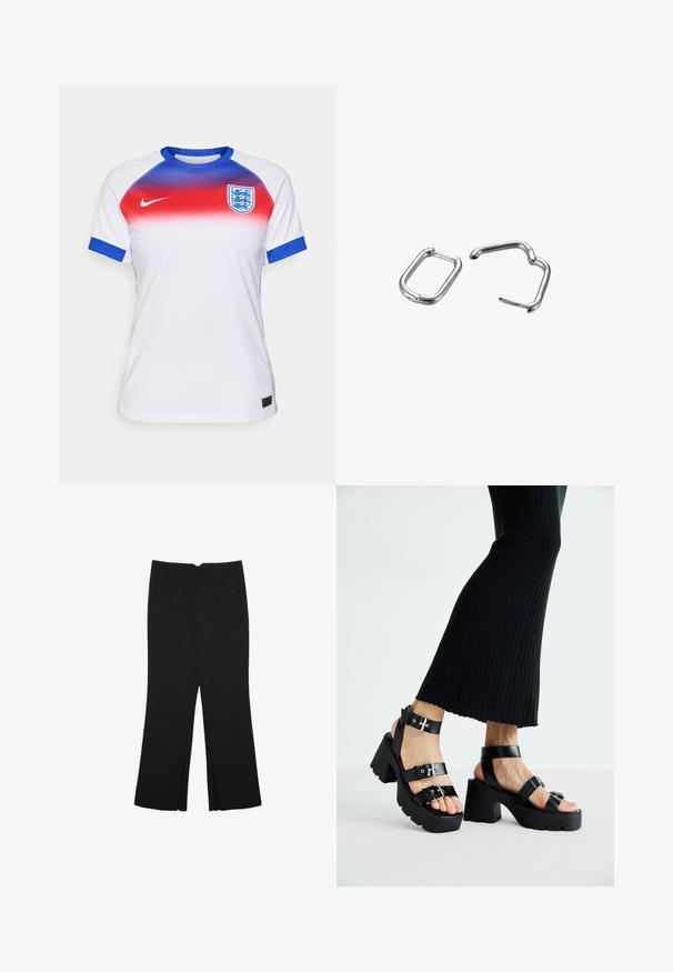 White sports jersey with a gradient design transitioning from red to blue at the shoulders. Features blue accents on the cuffs and a crest.; Black trousers with a straight fit, featuring front pockets and side slits at the hem. Made of soft, smooth fabric. Suitable for various occasions.; Black platform sandals with chunky, lug soles and multiple straps, featuring metal buckles and a smooth leather-like texture.; Silver metal spring clips, one rectangular and one oval, featuring smooth surfaces and rounded edges. Both have glossy finishes and simple designs.