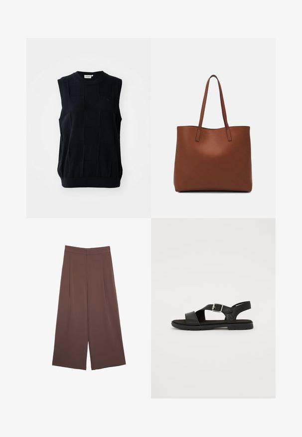 Sleeveless knit top in dark navy with a textured checkered pattern. Features a crew neckline and elastic hem. Made from flexible fabric.; Brown wide-leg trousers with a smooth texture, featuring a high waist and front pleats. The fabric is lightweight and flows loosely.; Black leather sandal with a cross strap design, adjustable buckle, cushioned sole, and textured insole. Logo visible on the side.; Brown leather tote bag with a smooth texture, open top design, and two shoulder straps. Features minimal stitching and no visible hardware.