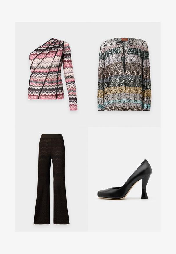 Neulepaita, jossa on yksi pitkä hiha ja epäsymmetrinen muotoilu. Sisältää vaaleanpunaisessa, mustassa ja kermanvärisessä sähkösahapuussa olevan saumat. ; Pitkähihaisen neuleen vaakasuorat zigzag-raidat mustassa, vaaleanpunaisessa, vihreässä, ruskeassa, harmaassa, keltaisessa ja turkoosissa, yksityiskohtana musta nauhamallinen kaula-aukko.; Levelegge svarte bukser med et sik-sak strikkemønster og elastisk liv, vist mot en enkel hvit bakgrunn.; Mustat nahkasaappaat, joissa on korkea korko, neliön muotoinen kärki ja ainutlaatuisesti muotoiltu kiiltävä musta korko. Sujuva pinta ja yksinkertainen muotoilu.