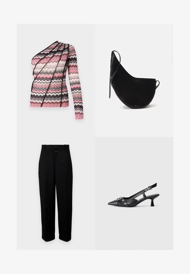 Gebreid top met één lange mouw en een asymmetrisch ontwerp. Heeft een zigzagpatroon in roze, zwart en crèmekleurig met een textuur in de stof.; Zwarte broek gemaakt van een gladde stof, met een knoopsluiting, ceintuurlussen en een recht model.; Zwarte leren slingback schoen met een puntige neus, decoratieve banden met metalen oogjes en een lage blokhak. Textuur oppervlak.; Zwarte leren handtas met een gebogen maanvorm, voorzien van een slanke schouderband en subtiele gouden branding aan de voorkant. Gladde textuur met minimale hardware.