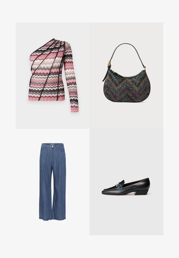 Top lavorato a maglia con una manica lunga e design asimmetrico. Presenta un motivo a zigzag in rosa, nero e crema con tessuto testurizzato.; Pantaloni in denim a gamba larga di colore blu medio, dotati di chiusura a bottone, due tasche laterali e cuciture visibili lungo l'orlo e le cuciture.; Mocassino in pelle nera a tacco basso con punta affusolata e dettagli a striscia colorata su sfondo bianco.; Borsa nera con una forma curvata, caratterizzata da un motivo a zig zag multicolore e filo metallico. Ha una tracolla in pelle e dettagli in oro.