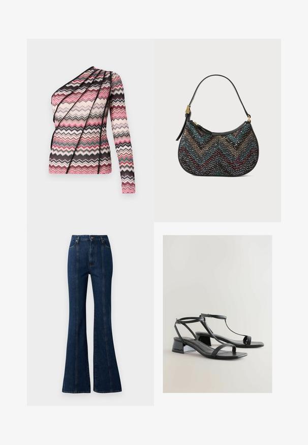 Adīta blūze ar vienu garu piedurkni un asimetrisku dizainu. Iespējots zigzag raksts rozā, melnā un krēmkrāsā ar teksturētu audumu.; Tumšzilas denima ar augstiem un platām kājām, ar priekšējām šuvēm, pogu aizdari un tradicionālo piecu kabatu dizainu.; Melnas augstpapēžu sandales ar elegantīgu patenta finišu, šauriem siksnām, T formas dizainu un zemu blokpapēdi stabilitātei.; Melnā rokassoma ar izliektu formu, kurai ir daudzkrāsaina zigzaga raksts un metālisks diegs. Tai ir ādas siksna un zelta krāsas aksesuāri.