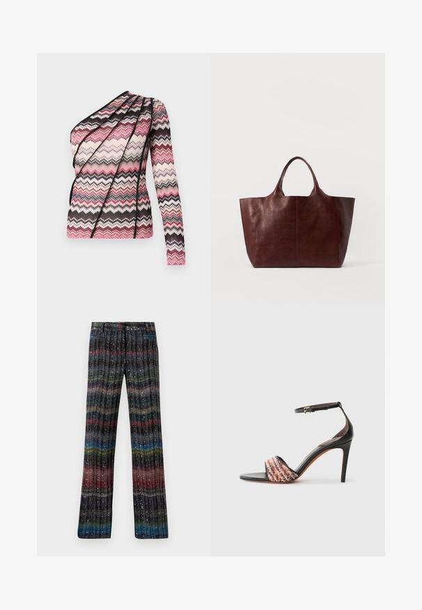 Adīta blūze ar vienu garu piedurkni un asimetrisku dizainu. Iespējots zigzag raksts rozā, melnā un krēmkrāsā ar teksturētu audumu.; Daudzkrāsaini, mirdzoši platā kāju bikses ar vertikālu svītru rakstu melnā, sarkanā, zaļā, zilā un zelta krāsā. Elastīgs jostasvērums.; Melnu augsto papēžu sandal (ar potītes siksniņu). Iezīmējas ar struktūru un daudzu krāsu auduma joslu pāri pirkstiem. Gluds ādas apdare.; Brūna ādas soma ar gludu faktūru, plašu korpusu un divām īsām rokturiem. Iespējo minimāla šuvju, nav redzamu metāla detaļu vai akcentu.