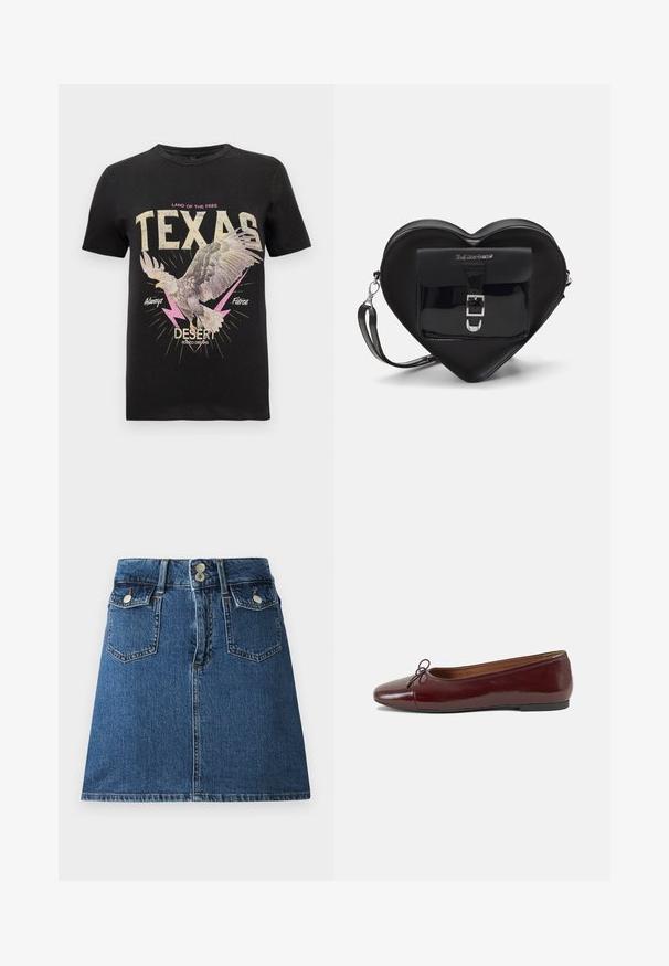Black cotton T-shirt featuring a graphic of a hawk, bold text "TEXAS" in cream and pink, lightning accents, and a vintage design.; Denim skirt in deep blue, featuring a fitted waistband, two front pockets, two back pockets, and silver-tone button closures.; Burgundy patent leather ballet flat with a rounded toe, small bow accent at the front, and a low, black rubber sole. Smooth texture.; Black heart-shaped bag made of patent leather with a front pocket featuring a buckle closure and a detachable strap. Silver hardware accents.