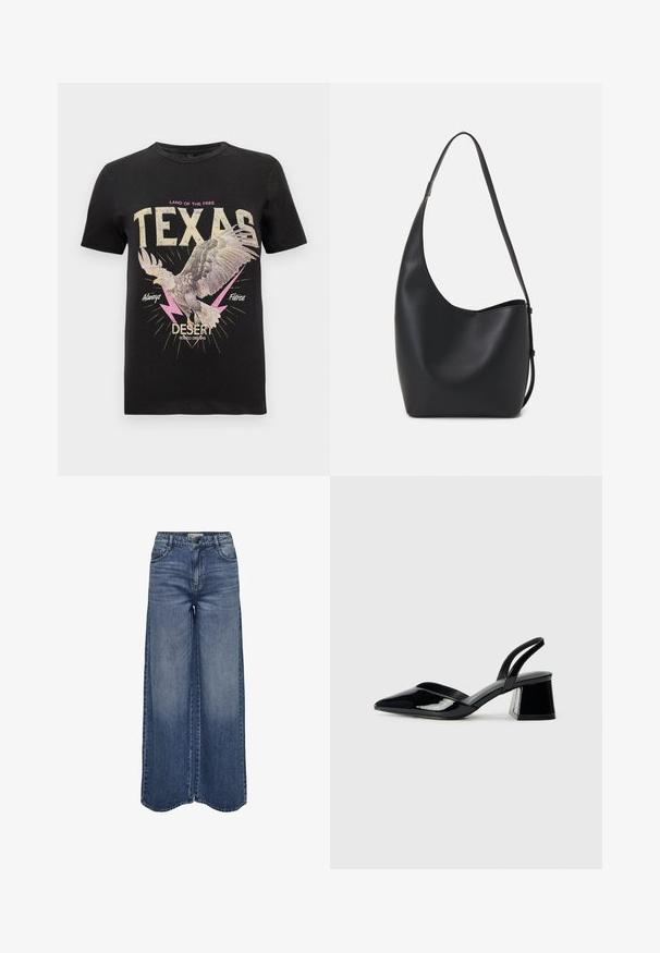 Svart bomull T-skjorte med en grafikk av en hauk, fet tekst "TEXAS" i kremfarge og rosa, lynakenter og et vintage design.; Bredde ben i blå denim med høyt liv, klassisk fem-lomme design og en falmet vask for en avslappet passform.; Svarte patentlær slingback hæler med spiss tå og geometrisk blokk hæl. Har et stilrent, minimalistisk design og jevn tekstur.; Svart lær hobo-veske med glatt tekstur, buet form og enkelt justerbart stropp; har en bred åpning på toppen.