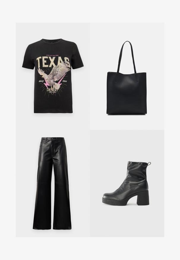 Melna kokvilnas T-krekls ar pūķa grafiku, drosmīgs teksts "TEXAS" krēmkrāsā un rozā, zibens akcenti un vintage dizains.; Melnas augstās jostas platajās kājās sintētiskās ādas bikses ar priekšējo pogu, rāvējslēdzēju, jostas cilpām un sānu kabatām uz baltā fona.; Melni potītes zābaki, kas izgatavoti no gludas ādas, ar sānu rāvējslēdzēju, masīvu strukturētu papēdi un noapaļotu purngalu.; Melnas ādas somiņa ar gludu tekstūru, taisnstūra formu un divām garām rokturiem. Nav redzamu aparatūras vai rotājumu.