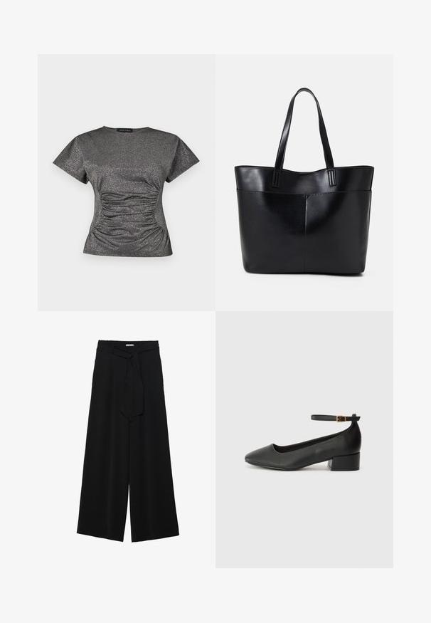 Kurzärmliges, dunkelgraues Oberteil mit metallic Glitzer, rundem Halsausschnitt und gerafftem Rüschendetail in der Taille.; Schwarze weite Hosen aus strukturiertem Stoff, mit elastischem Bund und einem abnehmbaren Bindegürtel in der Taille für eine verstellbare Passform.; Schwarze Lederpumps mit spitzem Zehenbereich und niedrigem Blockabsatz. Mit einem Knöchelriemen und einer goldfarbenen Schnalle. Glatte Textur.; Schwarze Leder-Shopper-Tasche mit zwei langen Griffen, einer glatten Textur und einer strukturierten Form. Verfügt über eine Vordertasche für zusätzlichen Stauraum.