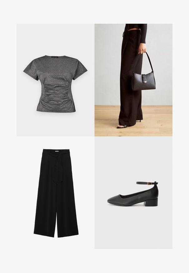 Haut à manches courtes en gris métallique scintillant, avec un col rond et des détails de fronces à la taille.; Pantalons larges noirs en tissu texturé, avec une taille élastique et une ceinture à nouer amovible à la taille pour un ajustement variable.; Escarpin en cuir noir avec un bout pointu et un petit talon bloc. Doté d'une bride de cheville avec une boucle dorée. Texture lisse.; Sac à main noir à la forme structurée, texture lisse et fermoir métallique. Associé à un pantalon noir ample et des sandales ouvertes sur un sol en bois.
