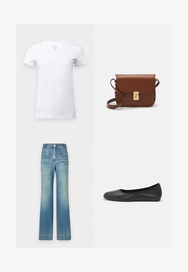 Armani Exchange Basic T-shirt - optic white; Light blue denim flared jeans with five pockets, belt loops, button closure, and a slightly faded texture, featuring a red logo detail on the back.; Black leather ballet flat with a rounded toe, smooth texture, minimal stitching detail, and a flexible sole design.; Brown leather handbag with a flap closure, gold-tone hardware, a shoulder strap, and a smooth texture. Compact rectangular shape.