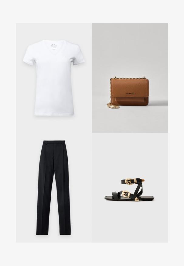 Armani Exchange Basic T-shirt - optic white; Black trousers made from smooth fabric featuring a high waist, wide legs, front pleats, and classic belt loops. No side pockets visible.; Black leather sandals with gold buckle accents, featuring multiple straps and a flat sole design for open-toe wear.; Brown textured leather crossbody bag with gold chain strap and flap closure. Front features logo detail and a pocket under the flap.