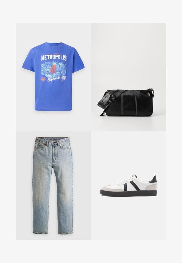Plava pamučna majica s kratkim rukavima. Ima grafiku skylinea Metropolisa i Supermanov logo u bijeloj i narančastoj boji. Dizajn s okruglim izrezom.; Svijetloplave traperice visoki struk, prednji gumb, zatvarač i dizajn s pet džepova, položene ravno na neutralnoj pozadini.; Bijele tenisice s crnim i sivim detaljima, s teksturiranim sivim zaštitnikom prstiju, crnim gumene potplate i ravnim bijelim vezicama. Čist dizajn, minimalistički stil.; Crna kožna torba preko ramena s zatvaranjem na patentni zatvarač, s teksturiranim tijelom, bijelim šavovima i remenom sa srebrnim okovima.