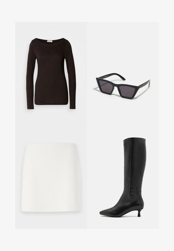 Juodas ilgomis rankovėmis prigludęs marškinėliai su apvalia iškirpte, turintys šiek tiek tekstūros ir mažą baltą prekės ženklą etiketėje apykaklės viduje.; Balta, prigludusi mini sijonas su lygiu paviršiumi ir švariomis linijomis. Be matomų raštų ar detalių. Tiesus kraštas apačioje.; Zign Batai - black; Juodos, kampuotos saulės akinios su pilkais stiklais; pagaminti iš plastiko, su storomis šakėmis, turinčiomis lygų paviršių ir be matomų detalių.; Juodas zomšos sankabos krepšys su užtrauktuku ir nuimamu riešo dirželiu. Krepšys turi auksinės spalvos detales ir lygią, matinę tekstūrą.