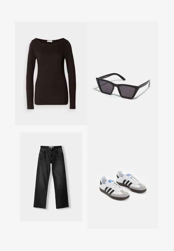 Černé dlouhé rukávy, přiléhavé tričko s kulatým výstřihem, které má mírnou texturu a malou bílou značkovou etiketu na krku uvnitř límce.; Bershka Džíny Straight Fit - mottled dark grey; Sportovní boty s bílým koženým svrškem, šedou semišovou špičkou a třemi černými pruhy. Obsahují modré logo na jazyku a texturovanou gumovou podrážku.; Černé, ostré sluneční brýle s šedými skly; vyrobené z plastu, s mohutnými rameny a hladkým povrchem bez viditelného hardwaru.; Tmavě hnědý šátek je úhledně složen s špičatými konci a leží na bílém pozadí. Tkanina vypadá jemně a má strukturu.