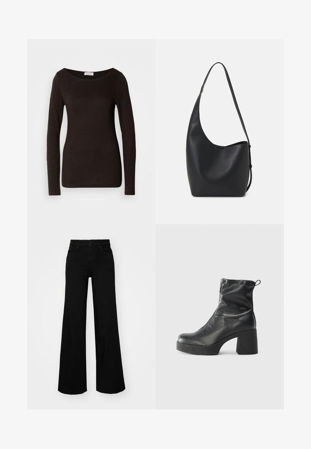 Fekete, hosszú ujjú, testhez álló, rövid nyakú póló enyhe textúrával és egy kis fehér márkacímkével a nyakrészen, a gallér belsejében.; Fekete, bő szárú farmernadrág, amelynek állítható derékrésze van, övhurkokkal és elülső zsebekkel. Simaság jellemzi, klasszikus dizájnnal.; Fekete bokacsizmák sima bőrből, oldalsó cipzárral, vastag, texturált sarkú és lekerekített orrú dizájnnal.; Fekete bőr hobo táska sima textúrával, ívelt formával és egyetlen állítható pánttal; széles nyílás található a tetején.
