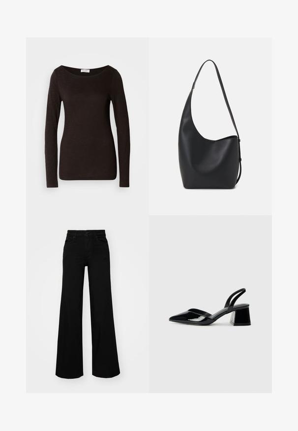 Cămașă neagră cu mânecă lungă, ajustată, cu guler rotund, având o textură ușoară și un mic eticheta albă a brandului la guler, pe interior.; Pantaloni negri cu picioare largi, din denim, cu un brau structurat, bucle pentru curea și buzunare frontale. Textură netedă, cu un design clasic.; Pantofi cu toc slingback din piele lacuită neagră, cu vârf ascuțit și toc geometric. Prezintă un design elegant, minimalist și o textură netedă.; Geantă hobo din piele neagră, cu o textură netedă, formă curbată și un singur bretele ajustabil; are o deschidere largă în partea de sus.