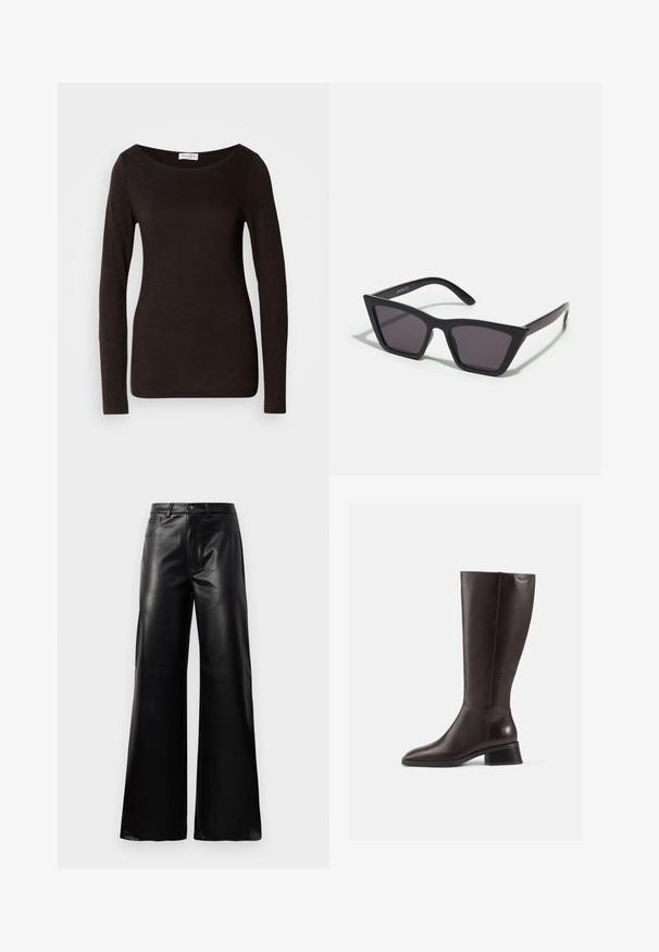 Črna dolgoračna oprijeta majica s krožnim ovratnikom z rahlo teksturo in majhno belo oznako blagovne znamke na notranji strani ovratnika.; Črne široke hlače iz umetnega usnja z visokim pasom, sprednjim gumbom, zadrgo, zanke za pas in stranskimi žepi na beli podlagi.; Rjav usnjeni škornji do kolen z gladko površino, zaobljenim nosom in črnim zloženim petam. Enostavna zasnova z minimalnimi kovinskimi detajli.; Črne, angularne sončne očala z sivimi lečami; izdelana iz plastike, imajo debele ročke z gladko površino in brez vidne opreme.; Torba iz bež sued kožne teksture z dvema dolgima ročajema, pravokotne oblike in okrasnim šivanjem. Ima stranski trak in subtilne zlate detajle.