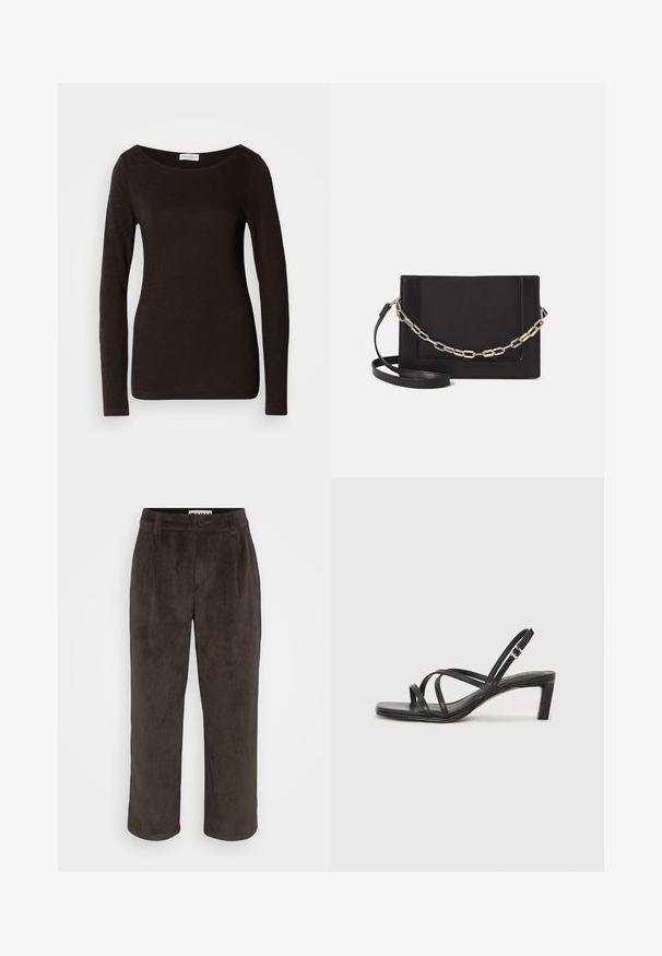 Juodas ilgomis rankovėmis prigludęs marškinėliai su apvalia iškirpte, turintys šiek tiek tekstūros ir mažą baltą prekės ženklą etiketėje apykaklės viduje.; Rudi aksomo kelnės su tiesiouko dizainu, subtilia tekstūra ir priekiniais mygtukais užsegimu, turinčios šonines kišenes.; Juodi šlepetės su kvadratiniu pirštu ir žemu bloku kulnu. Yra keli ploni dirželiai ir reguliuojamas kulkšnies diržas. Pagaminti iš lygios odos.; Juodas odinis per petį nešiojamas krepšys turi lygų paviršių, stačiakampio formą ir metalinę grandinėlę priekyje. Pridedama reguliuojama dirželis.