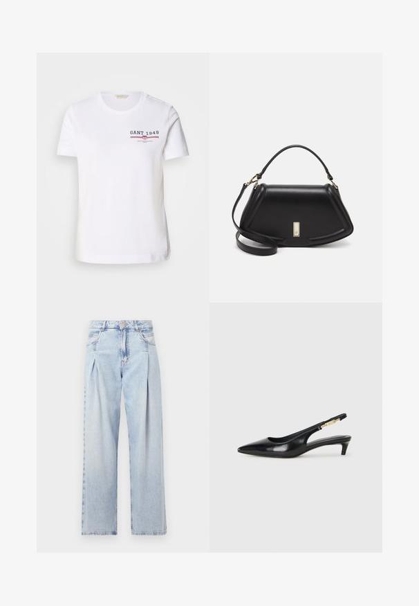 T-shirt bianca in cotone con collo giro, maniche corte e un logo frontale che presenta "GANT 1949" in blu navy e rosso, con strisce orizzontali.; Jeans in denim azzurro chiaro con vita alta, taglio a gamba larga, due tasche laterali e design plissettato. Texture morbida con una finitura sbiadita.; Tacchi slingback in pelle nera con punta affusolata, caratterizzati da un tacco alto e un accento dorato sulla cinghia regolabile. Texture liscia.; Borsa a mano in pelle nera con un design strutturato, caratterizzata da una forma corta, manico superiore e accessori in metallo dorato. Inclusa tracolla regolabile.