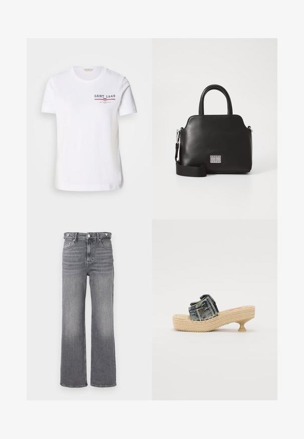 Balta kokvilnas T-kreklu ar apaļu kakla izgriezumu, īsām piedurknēm un priekšpusē esošo logotipu "GANT 1949" tumši zilos un sarkanos toņos, ar horizontālām svītrām.; Augsti vidukļa pelēki džinsi ar taisnu kājām, ar izbalējušiem elementiem un metāla pogu akcentiem uz jostasvietas un kabatām.; Denima slīdošas sandales ar austo platformu un mazu papēdi. Izceļas ar dekoratīvo šuvju un metalizētu akcentu uz augšējā siksniņa.; Melna sintētiska soma ar augšējiem rokturiem, noņemamu plecu siksniņu, apaļu formu, gludu tekstūru un sudraba logotipa akcentu priekšpusē.