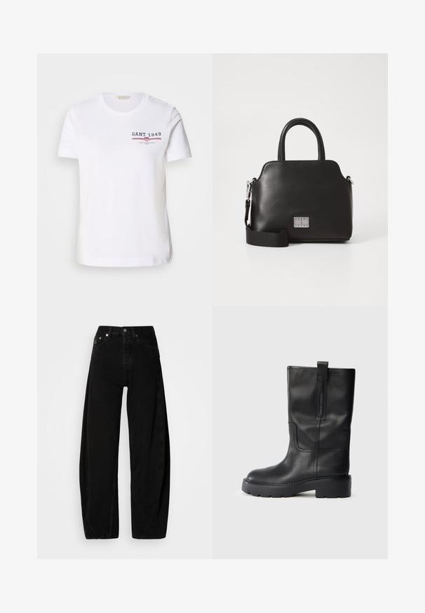 T-shirt bianca in cotone con collo giro, maniche corte e un logo frontale che presenta "GANT 1949" in blu navy e rosso, con strisce orizzontali.; Pantaloni in denim neri a gamba larga con vita alta, dotati di chiusura a bottoni, cinque tasche e dettagli di cucitura minimi.; Stivali neri in pelle alti fino al ginocchio con un design elegante, dotati di una suola spessa e di una linguetta laterale per un indossamento facilitato. Cuciture decorative in evidenza.; Borsa a mano sintetica nera con manici superiori, tracolla removibile, forma arrotondata, texture liscia e accento con logo argentato sul davanti.
