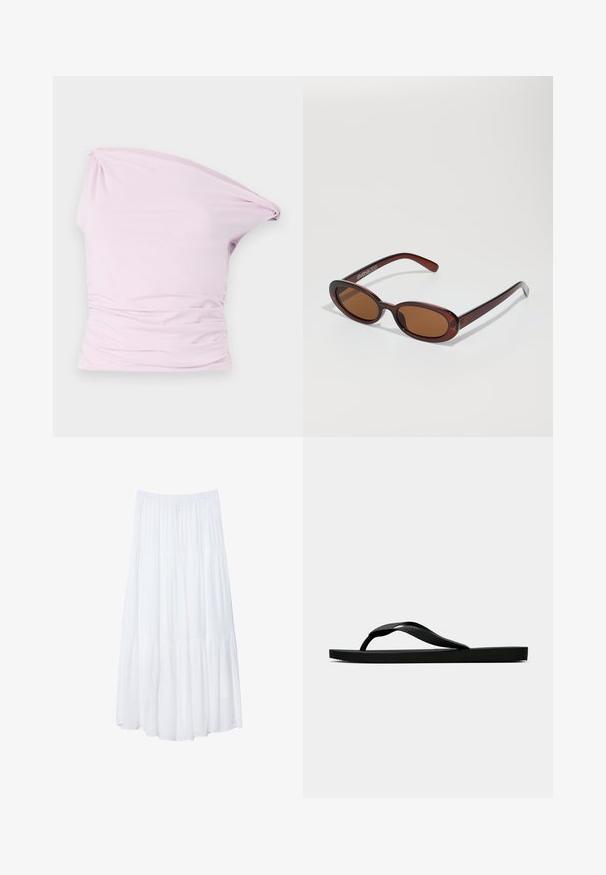 Asymmetrisches Top mit einem Schulterträger in hellrosa, aus weichem, dehnbarem Stoff mit gerafften Details an der Taille für Textur.; Weißer, gestufter Maxi-Rock aus leichtem Stoff. Verfügt über einen elastischen Bund und ein fließendes Design mit weicher, subtiler Textur.; Schwarze Gummi-Flip-Flop-Sandale mit einem strukturierten Riemen und einfacher flacher Sohle, von der Seite auf einem schlichten hellen Hintergrund dargestellt.; Runde, braun getönte Sonnenbrillen mit einem glänzenden burgunderfarbenen Rahmen. Schlanke Bügel mit dezentem Branding. Flaches Linsendesign.