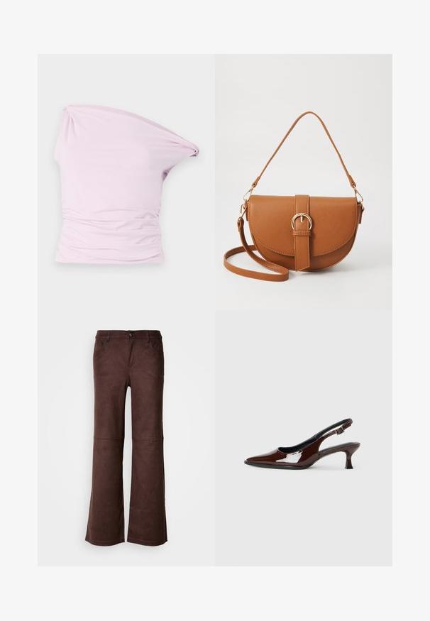 Asymmetrical one-shoulder top in light pink, made of soft, stretchy fabric with gathered detailing at the waist for texture.; Brown flared pants in a soft, suede-like fabric. Features four pockets, a button fastening, and a smooth, textured surface.; Brown patent leather slingback shoe with a pointed toe and a moderate heel. Features a buckle strap for secure fit. Smooth texture.; Brown leather crossbody bag with a curved shape, gold hardware, and a buckle accent. Features a detachable shoulder strap.