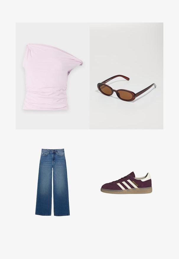 Aszimmetrikus, egyszláros felső világos rózsaszínben, puha, rugalmas anyagból, derék körüli redőzéssel a textúra érdekében.; Széles lábú, farmertből készült kék nadrág, magas derékkal, varrásokkal és egy egyszerű, enyhe koptatással.; Burgundi velúr sportcipő fehér három csíkkal és bézs díszítéssel. Jellemzője a texturált gumitalp és az arany logó az oldalon.; Kerek, barna árnyalatú napszemüveg fényes burgundi kerettel. Karcsú karok diszkrét márkázással. Lapos lencse kialakítás.; Barna szőtt bőr kézitáska, amely laza, háromszög alakú. Fonott füllel és felső cipzárral rendelkezik.