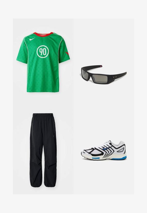 Zaļš Nike sporta krekls ar īsām piedurknēm, baltas akcenti, punktiņu raksts un apļa formas balts "90" logs centrā. Sarkans apkakle.; Melnas vieglas kravas bikses ar elastīgu jostu, sānu rāvējslēdzējiem un plašām kabatām. Izaicinājumu veido brīvi pieguļoša piegriezne un sašaurināti aproces.; Balta sporta kurpe ar melniem akcentiem, sieta paneļiem un zilām detaļām. Iezīmējas ar fakturētu zoli un izsmalcinātām dizaina līnijām.; Melni saulesbrilles ar matētu apdari, taisnstūra lēcām, nedaudz izliektiem tempļiem, smalkiem logotipa elementiem un dūmu nokrāsas lēcām.