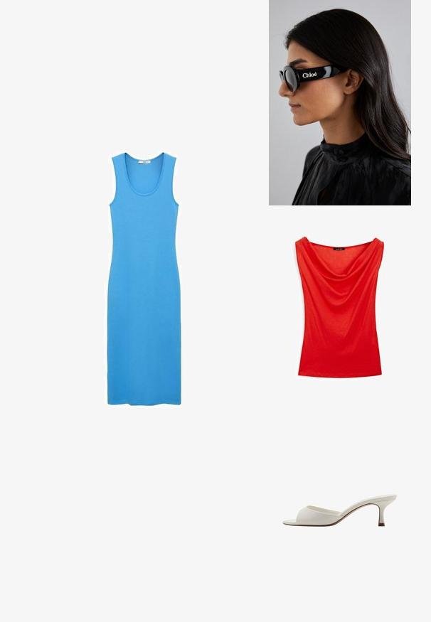 Červený bezrukávový top s volným výstřihem, vyrobený z hladkého materiálu. Má přiléhavý tvar a minimální detaily.; Modrá tank šaty vyrobené z hladké, elastické látky, s kulatým výstřihem a přiléhavým střihem do kotníků. Bez viditelných vzorů nebo kovových doplňků.; Bílé otevřené lodičky na vysokém podpatku s hladkým povrchem, minimalistickým designem a štíhlým podpatkem, se slabým hnědým akcentem na podrážce.; Černé sluneční brýle s kulatými skly a výraznými, ostrými rámy, na boku s bílým nápisem "Chloé". Hladký, lesklý povrch.; Kulatté nerezové hodinky se stříbrno-zlatým kovovým náramkem. Bílý ciferník má zlaté akcenty a bezel osázený krystaly.