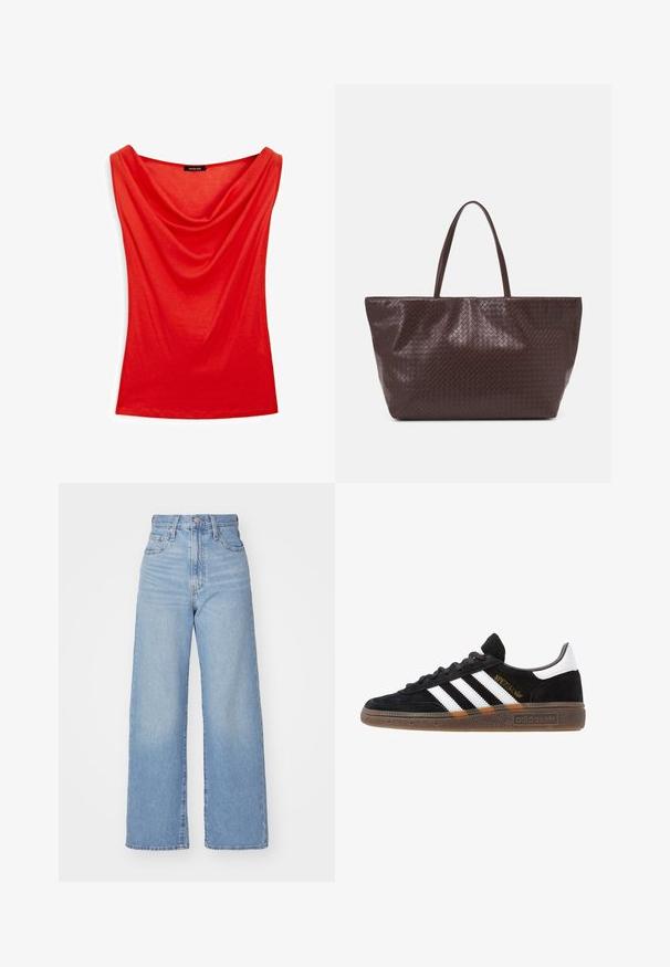 Top rosso senza maniche con scollo a drappeggio, realizzato in un tessuto morbido. Presenta una forma attillata e dettagli minimi.; Jeans a vita alta blu chiaro con gamba larga, chiusura frontale con bottone e zip, tasche anteriori e posteriori, su uno sfondo bianco.; Sneaker Adidas nere con strisce bianche, testo "Spezial" dorato, suola in gomma e tab sul tallone bianco, mostrato in veduta laterale.; Borsa tote in pelle intrecciata marrone con due manici, dalla forma strutturata e superficie texturizzata, caratterizzata da un motivo a diamante in tutto il suo corpo.