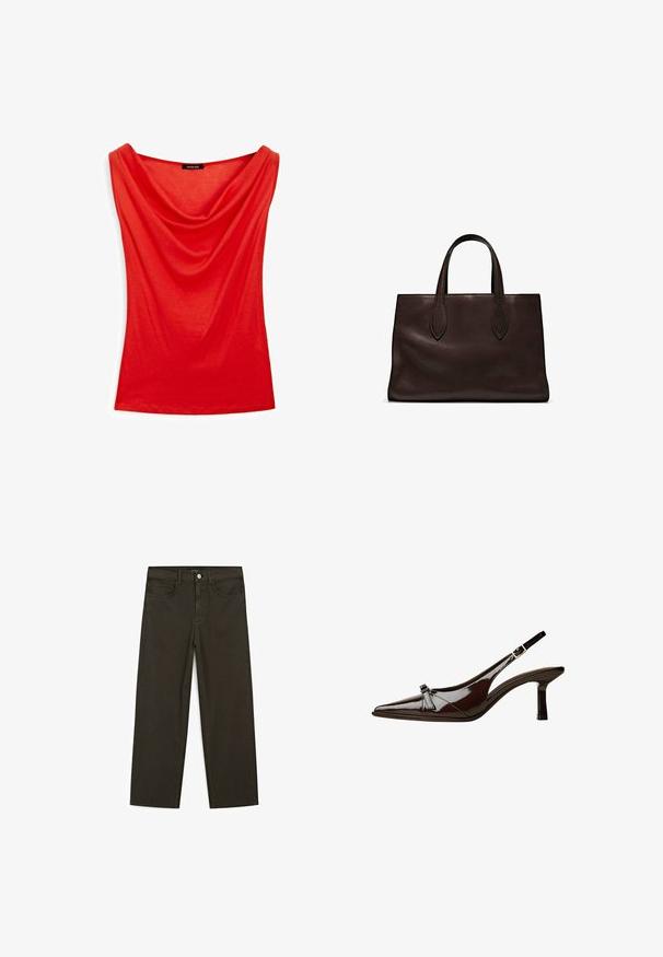 Top rosso senza maniche con scollo a drappeggio, realizzato in un tessuto morbido. Presenta una forma attillata e dettagli minimi.; Jeans a gamba larga di colore verde scuro, realizzati in tessuto misto cotone, dotati di chiusura con bottone frontale, cinque tasche e cuciture classiche in denim.; Scarpa slingback in pelle verniciata marrone con punta appuntita, tacco basso e un accentuato fiocco decorativo nella parte anteriore. Texture liscia e lucente.; Borsa a spalla in pelle marrone con due manici lunghi, forma rettangolare strutturata, texture liscia e dettagli di cucitura sottili.