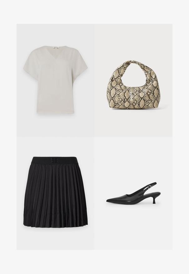 Tričko s výstrihom do V a krátkym rukávom v svetlosivej farbe. Mäkká, hladká textúra s voľným strihom a žiadnymi viditeľnými vzormi alebo akcentmi.; Čierna plisovaná sukňa s hladkou textúrou, s pevným čiernym pásom a vyrazeným logom na prednej strane.; Čierne kožené sandále s úzkym špičatým prstom a štíhlym zakriveným podpätkom. Majú diskrétny nastaviteľný popruh s kovovou sponou.; Kabelka s hadím vzorom a zakriveným rukoväťou. Vyrobená z textúrovaných béžových a hnedých materiálov, s charakteristickým diamantovým vzorom.