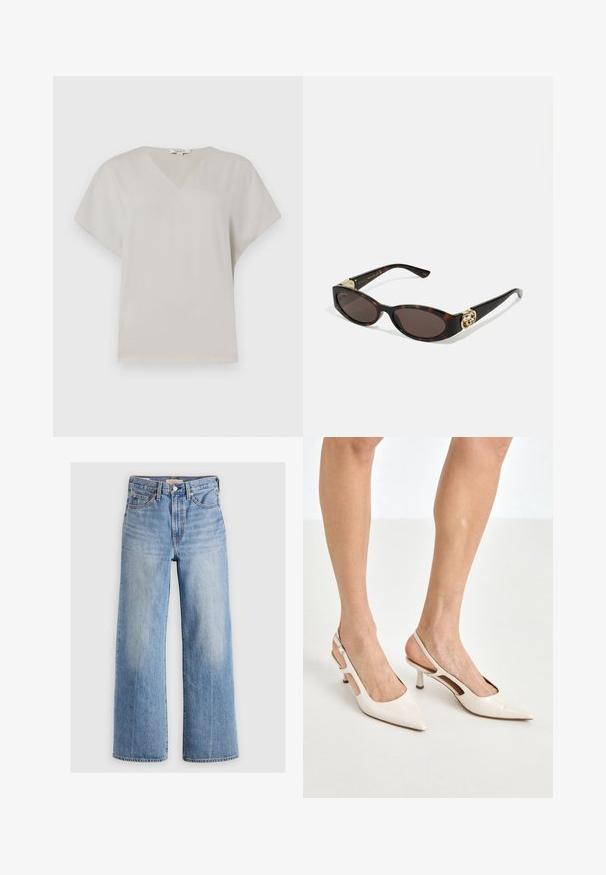 Lichtegrijze top met V-hals en korte mouwen. Zachte, gladde textuur met een relaxte pasvorm en geen zichtbare patronen of accenten.; Lichtblauwe denim wijde broek met hoge taille, vervaagde plekken, vijf zakken en contrasterende stiksels. Klassieke knoop- en ritssluiting.; Beige gepatineerde leren slingback hakken met een spitze neus en een hak van 5 cm, met uitsparingen aan de zijkanten en een dunne enkelband.; Schildpadbril met langwerpige ovale lenzen, bruine tint, gouden logo-accenten op de pootjes en slanke zwarte armen.; Gebogen crèmekleurige leren handtas met een enkele schouderband, gouden hardware en subtiele branding aan de onderkant. Rits sluiting langs de bovenrand.; Gouden halsketting met een bladontwerp en getextureerde details. Het stuk heeft een kettingsluiting en een natuurlijke, vloeiende vorm.