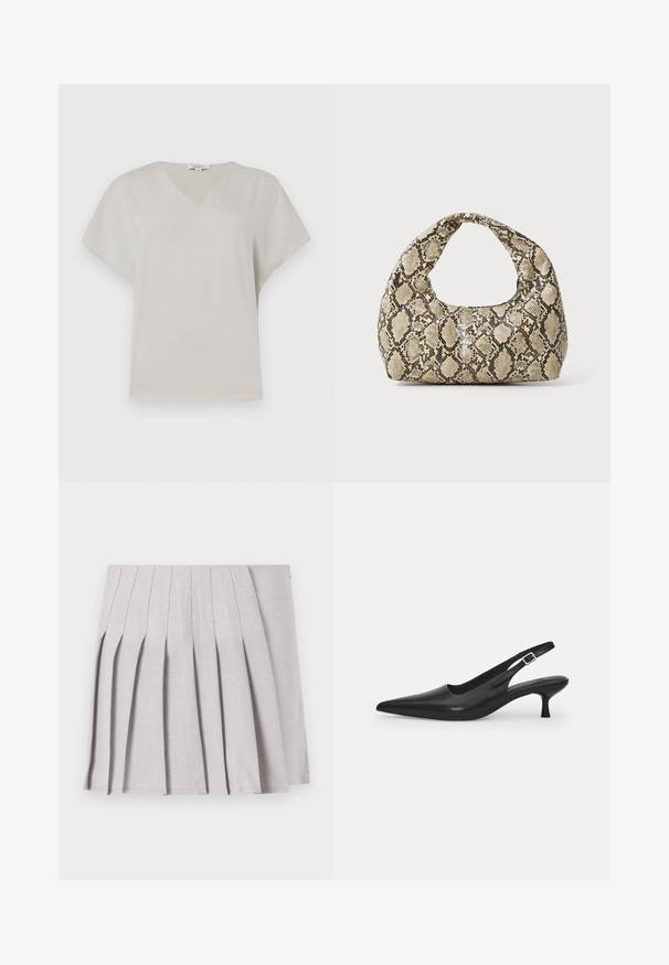Top s výstřihem do V a krátkým rukávem v svetle šedé barvě. Měkká, hladká textura s uvolněným střihem a bez viditelných vzorů či akcentů.; Šedá skládaná sukně s hladkým povrchem, se spoustou vertikálních skladů a přiléhavým pasem. Vyrobena z lehkého materiálu.; Černá kožená nazouvací bota se špičatou špičkou a štíhlým zakřiveným podpatkem. Obsahuje diskrétní nastavitelný pásek s kovovou sponou.; Kabelka s hadím vzorem a zakřiveným držadlem. Vyrobena z texturovaných béžových a hnědých materiálů, s charakteristickým diamantovým vzorem.
