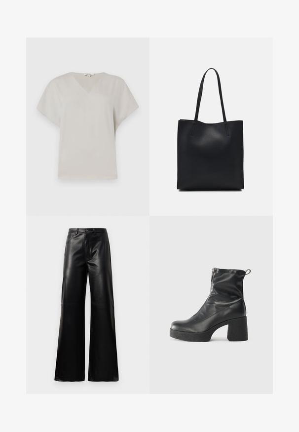 V-hals, kortermet topp i lysegrått stoff. Myk, jevn tekstur med en avslappet passform og uten synlige mønstre eller dekorasjoner.; Sorte høy midje vide ben bukser i imitert skinn med knapp foran, glidelås, beltehemper og sidelommer på hvit bakgrunn.; Svarte ankelstøvler laget av glatt lær, med glidelås på siden, chunky strukturert hæl, og rund tå-design.; Svart lær tote bag med glatt tekstur, rektangulær form og to lange håndtak. Ingen synlige deler eller dekorasjoner.