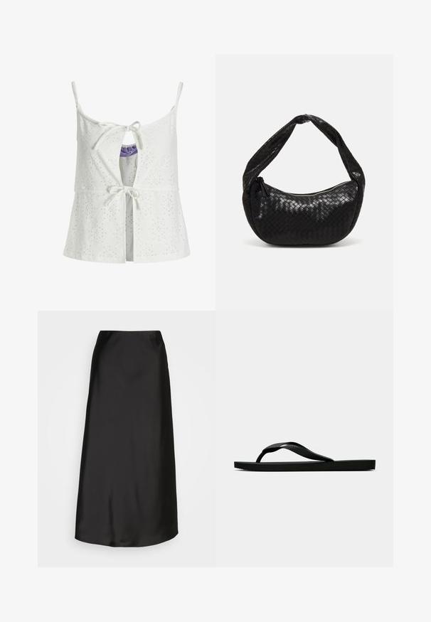 Bijela brezramena majica s uzorkom od perforacije, prednjim vezanjem, detaljem u obliku ključa i podesivim naramenicama. Tkanina ima teksturiranu površinu.; Crna saten midi suknja glatke teksture, A-linijskog kroja i suptilnog sjaja. Ima elegantan, jednostavan dizajn bez ukrasa.; Crne gumene japanke s teksturiranim remenom i jednostavnom ravnom potplatom, prikazane s strane na jednostavnoj svijetloj pozadini.; Crna torba od pletene kože s zakrivljenim oblikom, koja ima debelu ručku i zatvaranje na patentni zatvarač. Teksturirana površina s sjajnim završetkom.