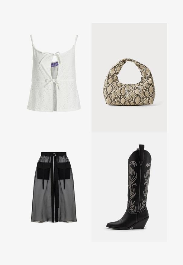 Valkoinen hihaton paita, jossa on reikäkuvio, edessä solmittava sulku, avainaukkos yksityiskohta ja säädettävät olkaimet. Kangas on teksturoitu.; Musta läpinäkyvä hame, jossa on kerätty vyötärö, kaksi suurta etutaskua, vyönauha ja pyöreä metallikoriste.; Mustat nahkasaappaat cowboy-tyyliin, joissa on terävät varpaat, viistot korot ja hopeiset brodeeratut kukkakuviot varressa. Eroava ompelu koko saappaassa.; Käärmeennahkakuosiset käsilaukku, jossa on kaareva kahva. Tehty teksturoiduista beigeistä ja ruskeista materiaaleista, joissa on erottuva timanttikuvio.