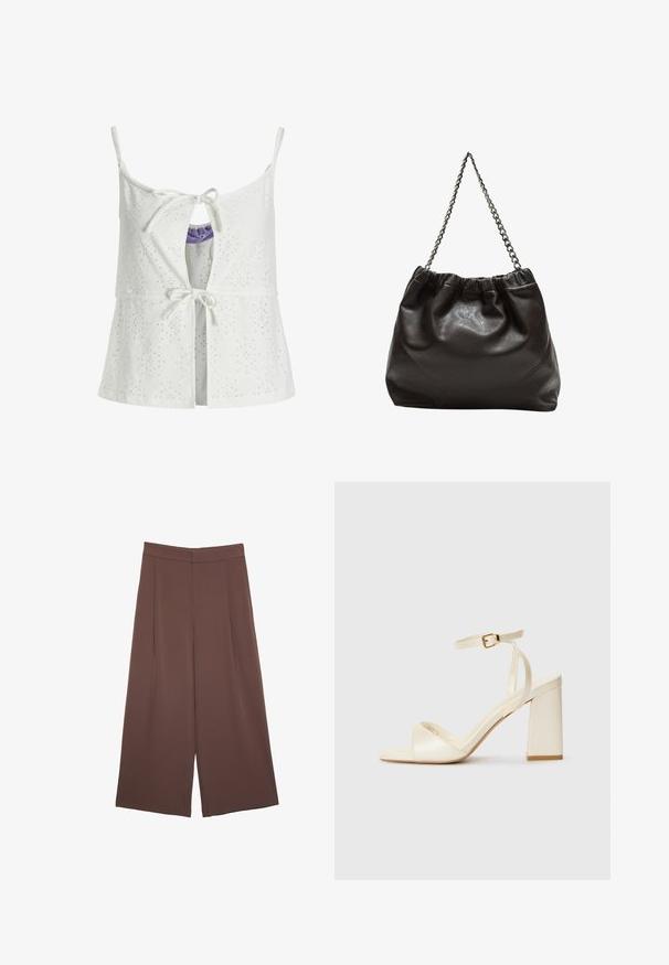 Bela brezrokavna majica z vzorcem obroča, sprednje zapiranje na zavezo, detajl v obliki ključavnice in nastavljive naramnice. Tkanina ima teksturiran zaključek.; Rjave široke hlače z gladko teksturo, ki imajo visok pas in sprednje naborke. Tkanina je lahka in prosto pada.; Sandali s peto v kremni barvi, z odprtim prstom, debelim blokastim petam, tankim gležnjarjem in subtilnim sijajem. Zaponka na traku.; Rjava usnjena torba z nabranim vrhom in verižnim trakom. Gladka tekstura z sijajno površino in subtilnimi šivi na straneh.