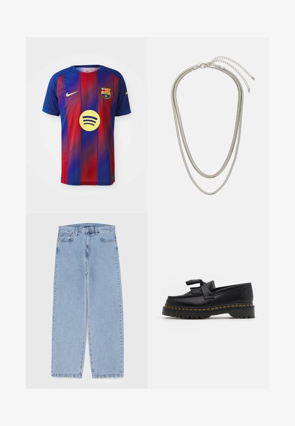 FC Barcelona mez kék és piros függőleges csíkokkal, Nike logóval és középen a Spotify grafikával. Légáteresztő anyagból készült.; Világoskék farmernadrág egyenes szárú kivitelben, közepes derékkal, öt zsebbel, gombos és cipzáros záródással.; Fekete bőr mokaszin, rojtos díszítéssel, masszív fekete talppal és sárga varrással az élén. Texturált felület.; Háromrétegű ezüstszínű fém nyaklánc, letisztult, rugalmas láncokkal, enyhe fényességgel, homárkapoccsal rögzítve és állítható lánccal.