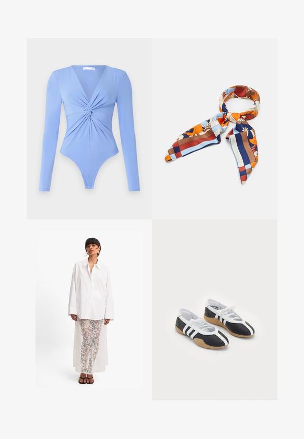 Pikkade varrukatega bodysuit helesinises, millel on V-kaelus ja keeratud esidetail. Kangas paistab sile ja veniv, ning sellel on tanga lõige.; Valge pikkade varrukatega särgiga koos õhukeste valgete pitspükstega, millel on lillemuster ja pikk tagumine katteriie. Mustad sandaalid.; Mustvalged spordijalatsid, millel on sile disain, kummist tald, paeltest kinni tõmmatav sulgur ja kolm valget triipu külgedel.; Siidist sall, millel on värvikas lille- ja geomeetriline muster oranži, sinise, pruuni ja kreemja tooni variatsioonides. Kolmnurkse otsaga, millel on sile tekstuur.; Must mustkott, millel on tekstuuriga tikitud muster. Ümar kuju, lühikesed ja jämedad sangad ning pehme, paindlik struktuur.