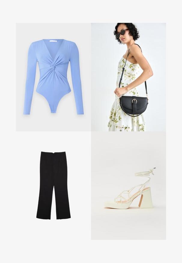 Body a maniche lunghe in azzurro chiaro, con scollatura a V e dettaglio frontale attorcigliato. Il tessuto appare morbido ed elastico, con taglio tipo perizoma.; Pantaloni neri a gamba dritta, con tasche frontali e spacchi laterali all'orlo. Realizzati in tessuto morbido e liscio. Adatti a diverse occasioni.; Sandalo bianco con tacco alto, caratterizzato da un design a cinturini e un legaccio alla caviglia. Texture liscia con una piattaforma frontale per un'altezza aggiuntiva.; Borsa a tracolla nera in pelle con una forma curva, manico rimovibile e accessori dorati. La borsa presenta una patta con un dettaglio a fibbia.