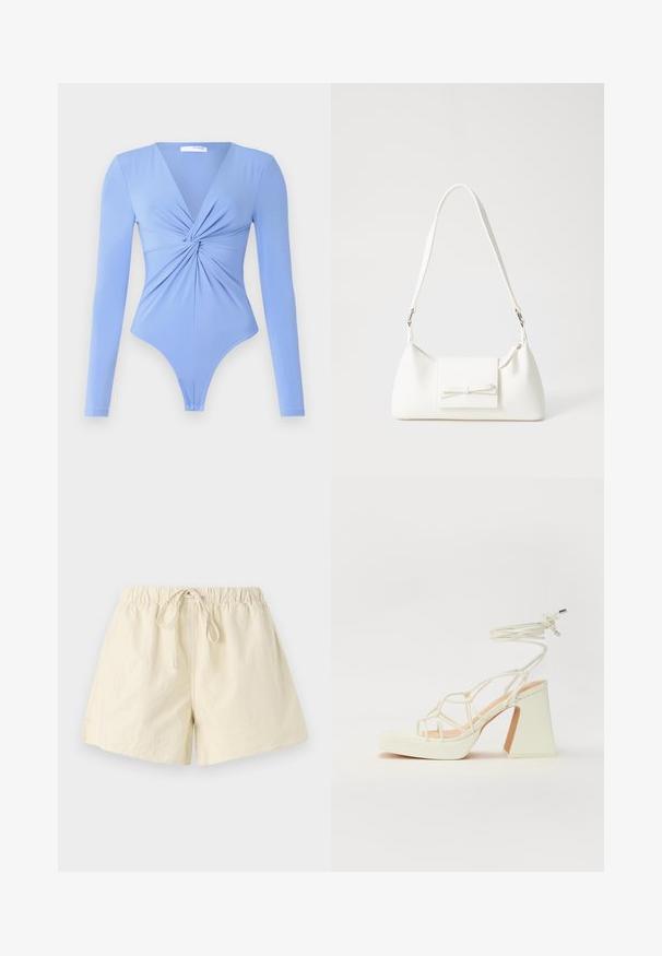 Pikkade varrukatega bodysuit helesinises, millel on V-kaelus ja keeratud esidetail. Kangas paistab sile ja veniv, ning sellel on tanga lõige.; Beež elastne vööga lühikesed püksid, millel on pael, omavad lõdva istuvust ja siledat tekstuuri. Ei sisalda nähtavaid taskuid ega mustreid.; Valged kõrge kontsaga sandaalid, millel on paks konts ja rihmadega disain koos pahkluu sidumisega. Sile tekstuur ja platvorm ees, et lisada kõrgust.; Valge sünteetilisest materjalist kott kolmnurkse kujuga, lame esiklapiga ja kaaredetailiga, reguleeritava rihmaga, sileda tekstuuriga ja minimalistliku disainiga.