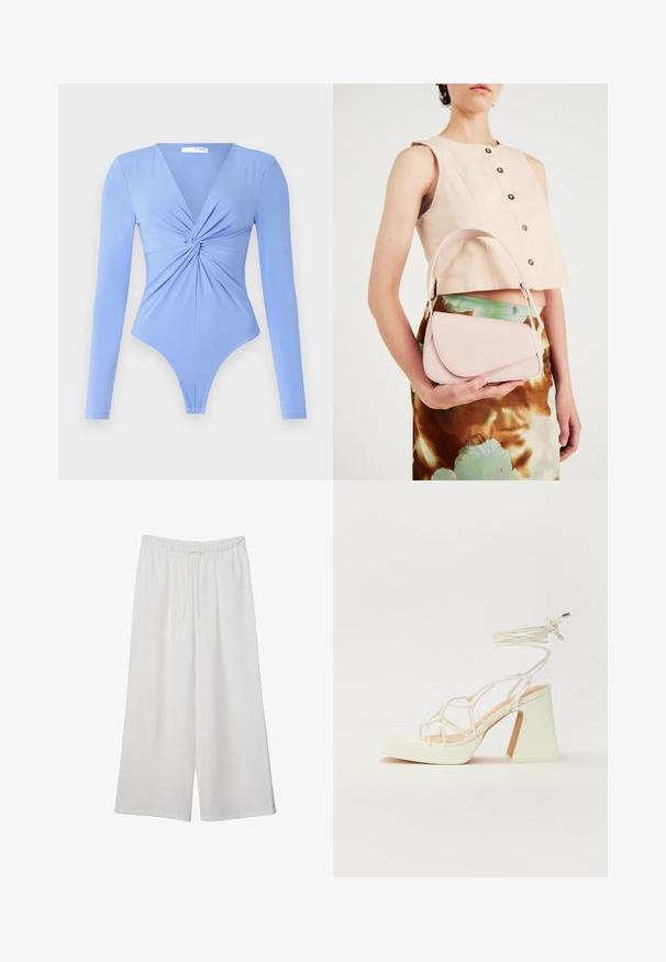 Bodysuit dugih rukava u svijetlop Plavoj boji, s V-izrezom i uvrnutim prednjim detaljem. Tkanina izgleda glatko i rastezljivo, s izrezom u obliku tangica.; Bijele hlače širokog kroja izrađene od lagane tkanine, s elastičnim pojasom i vezicom za prilagodljivu veličinu. Glatka tekstura.; Bijela sandala na visokoj potpetici s debelim petom, s remenom i vezanjem oko gležnja. Glatka tekstura s platformom sprijeda za dodatnu visinu.; Ružičasta kožna torba s zakrivljenim poklopcem, jednim remenom za rame i čistim linijama. Torba ima glatku teksturu i minimalistički dizajn.