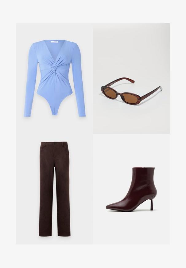 Dlouhý rukáv body ve světle modré barvě, s výstřihem do V a zkrouceným předním detailem. Tkanina vypadá hladce a elasticky, s tandovním střihem.; Kalhoty z tmavohnědého semiše s rovnými nohavicemi, předním zapínáním na knoflík a zip, poutky na opasek a bočními kapsami.; Burgundské lakované kozačky po kotníky se špičatou špičkou a štíhlým jehlovým podpatkem, s hladkou, lesklou texturou a minimalistickým designem.; Kulaté sluneční brýle hnědé barvy s lesklým burgundským rámem. Úzké nožičky s jemným logem. Rovné čočky.; Tkaná bordó kabelka s kulatým tvarem a jedním uchopem, která má texturovaný povrch a elastické stahovací šňůrky.